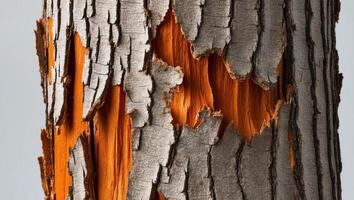 A tight shot of tree bark displaying lifted patches of browning and orangery peel. photo