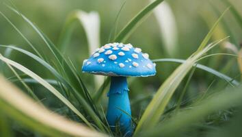 Blue mushroom with white dots in green grass field. photo