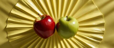 Fresh Red and Green Apples on Yellow Background. photo