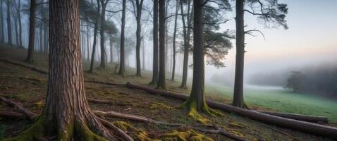 Bark over forest woods in looking entwined dew edge tall clearing on over morning over through clearing covered view fallen fog over morning valley shot. photo