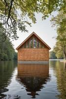 From through architecture captivating reflected wooden lake above through forest. photo