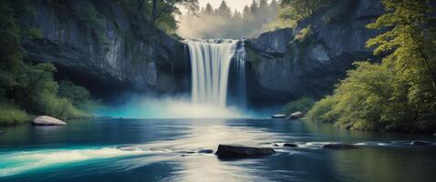 River floating beautiful wind above forest busy dense rocky across waterfall leaning. photo