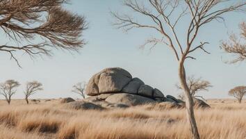 Rocky outcrop with sparse trees and dry grass in a desolate landscape. photo
