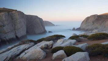 Rocky coastal landscape with rugged cliffs and sparse vegetation at dawn. photo