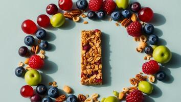 Colorful granola bar surrounded by fresh berries and nuts on a blue background. photo