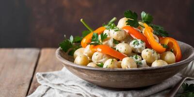 Close Up of Creamy Potato Salad featuring Peppers as well as Parsley in Rustic Wooden Bowl on Dark Background. photo