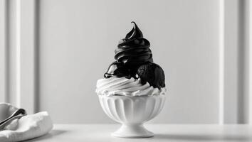 Decadent black ice cream sundae with whipped cream. photo