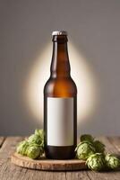 Craft Beer Bottle with Blank Label and Fresh Hops on Wooden Table. photo