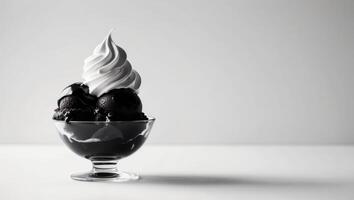Decadent black ice cream sundae with whipped cream. photo