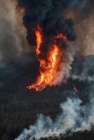 Large wildfire engulfing a dense forest with intense flames and thick smoke. photo