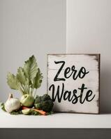 Zero Waste concept image with vegetables skin and faded greens next to a sign with written Zero Waste. photo