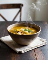 Steaming Soup in a Bowl on a Rustic Wooden Table. photo