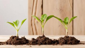 Three Seedlings Growing in Soil on Rustic Wood. photo