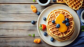 Dining table with stack of pancakes near serving of waffles, culinary photography photo