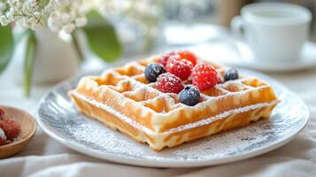 Dining table setup with a square Belgian waffle on a plate, food photography photo