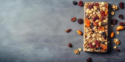 Fruit and nut bar with dried fruits and nuts on a flat surface, food photography photo