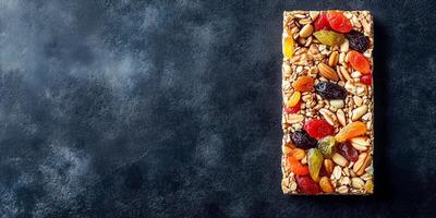 Fruit and nut bar with dried fruits and nuts on a flat surface, culinary photography photo