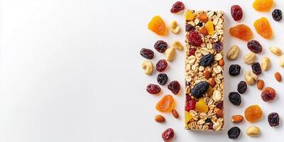 Fruit and nut bar with dried fruits and nuts on a flat surface, food photography photo