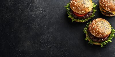 Gourmet burger with various fillings, placed horizontally on a clean surface, food photography photo