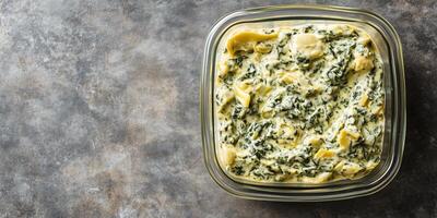 Spinach artichoke dip in a small ramekin, no extra elements, culinary photography photo