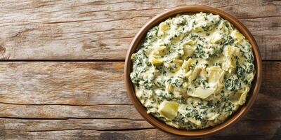 Spinach artichoke dip in a small ramekin, no extra elements, food photography photo