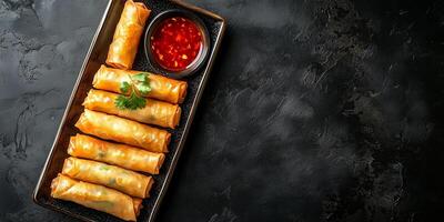 Spring rolls methodically positioned on a long, rectangular plate, food photography photo