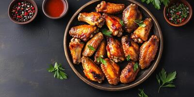 Arrangement of chicken wings placed symmetrically on large round dish, food photography photo