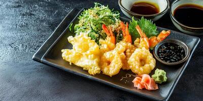 Assortment of tempura vegetables and seafood on a rectangular plate with sauce, culinary photography photo