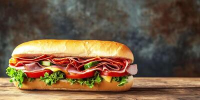 Italian sub partially open, showing combination of deli meats, cheese, and vegetables, food photography photo