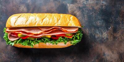 Overhead view of sub sandwich with visible layers of meat, cheese, and vegetables, food photography photo