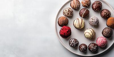Assorted truffles arranged in a circle on a serving platter, food photography photo