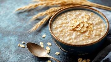 Close-up view of hot cereal with a spoon resting beside it, food photography photo
