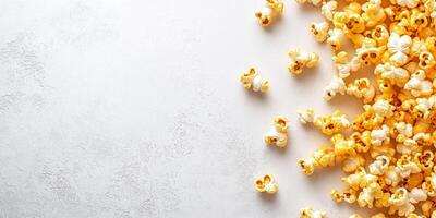 Flavored popcorn arranged on a plain surface with visible coated kernels, food photography photo
