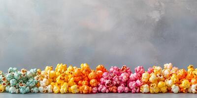 Flavored popcorn piled high, with coated popcorn arranged on a plain background, culinary photography photo