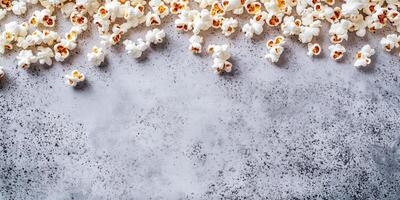 Flavored popcorn scattered on a flat surface, with popped kernels showing an even coating, food photography photo
