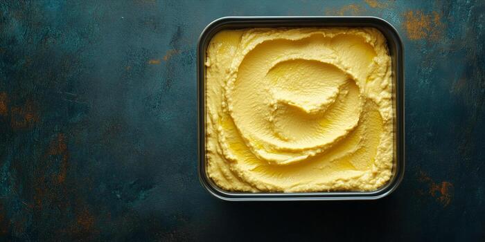 Hummus displayed in a rectangular container with an even texture and no extra components, food photography photo