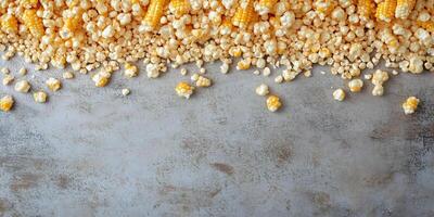 Kettle corn scattered on a flat surface, with popped kernels clearly visible, culinary photography photo