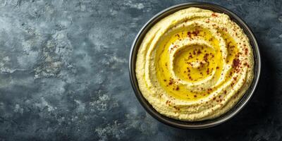 Hummus in a round dish with a smooth surface and no additional elements, culinary photography photo