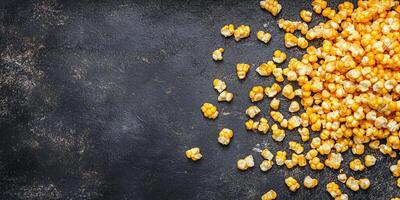 Kettle corn scattered on a flat surface, with popped kernels clearly visible, food photography photo