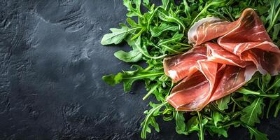 Prosciutto slices draped over a small pile of arugula leaves, culinary photography photo