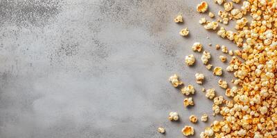 Kettle corn scattered on a flat surface, with popped kernels clearly visible, food photography photo