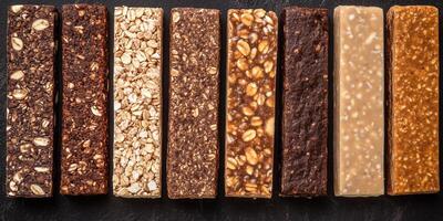 Protein bars stacked neatly, showing uniform texture and composition, food photography photo