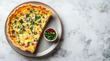Quiche slice on a plate with a small bowl of garnish beside it, culinary photography photo