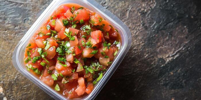 Salsa in a rectangular container, smooth texture, food photography photo