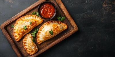 Two beef empanadas on a tray with a bowl of sauce, culinary photography photo