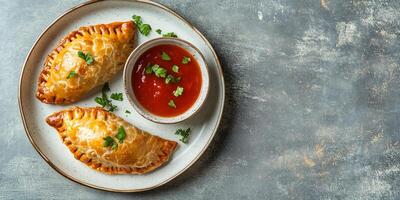 Two chicken empanadas on a plate next to a small bowl of sauce, culinary photography photo