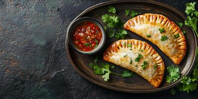 Two beef empanadas on a tray with a bowl of sauce, food photography photo