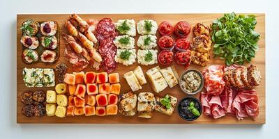 Small food items positioned in rows on square serving board, food photography photo