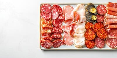 Various charcuterie displayed in rows on a flat, rectangular platter, culinary photography photo