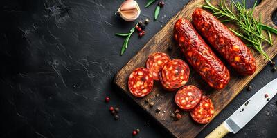 Whole chorizo and slices displayed with a knife on a cutting board, culinary photography photo